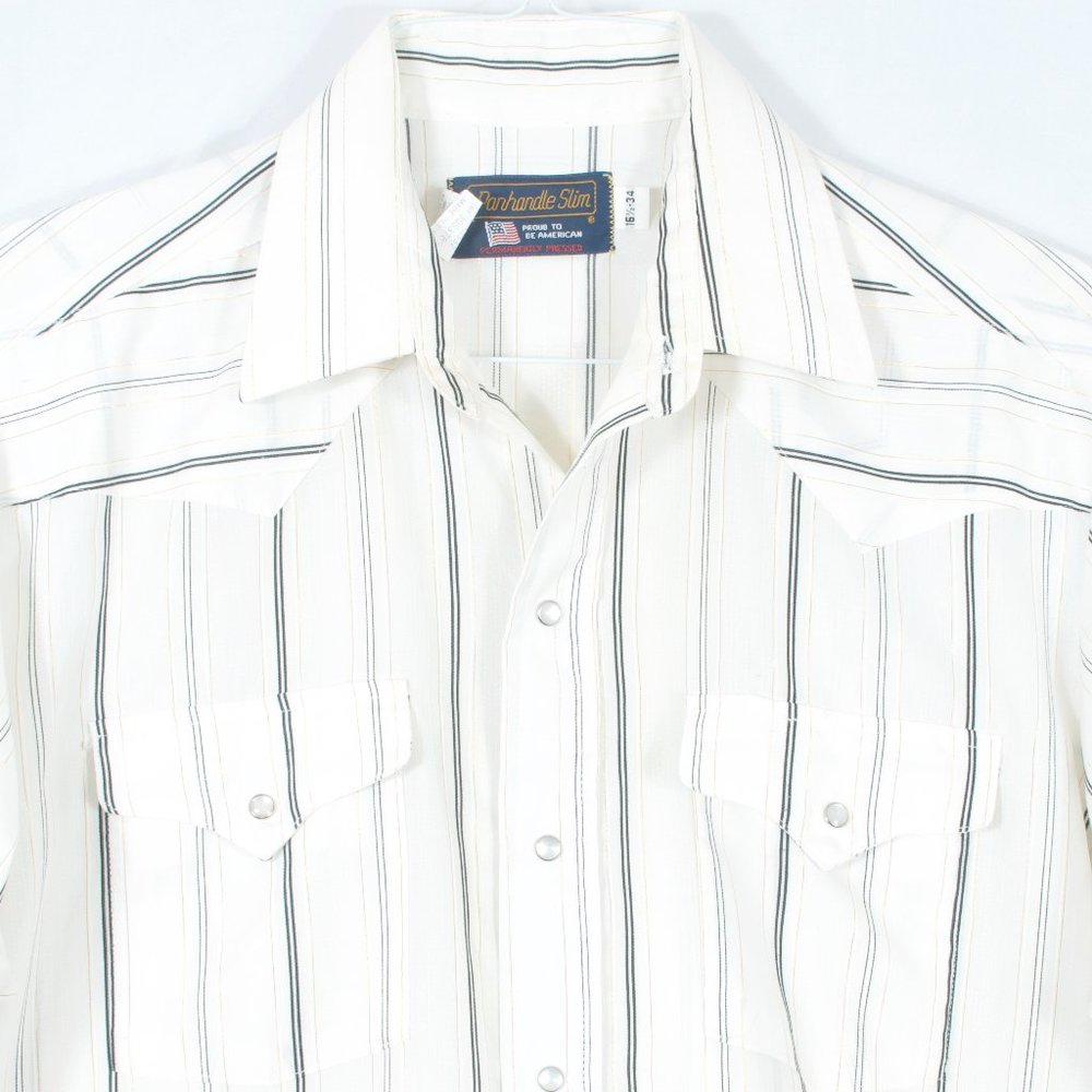 🇺🇸 VTG Panhandle Slim 16.5x34 Pearl Snap Poly-Cotton Ivory Black & Gold Stripe